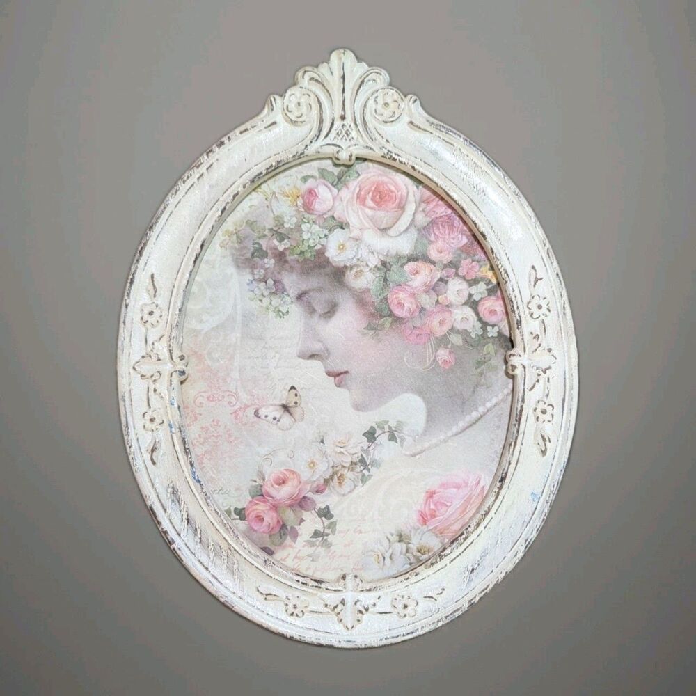 Cottagecore Victorian Lady & Pink Roses Framed Wall Art 14.5" x 11"
